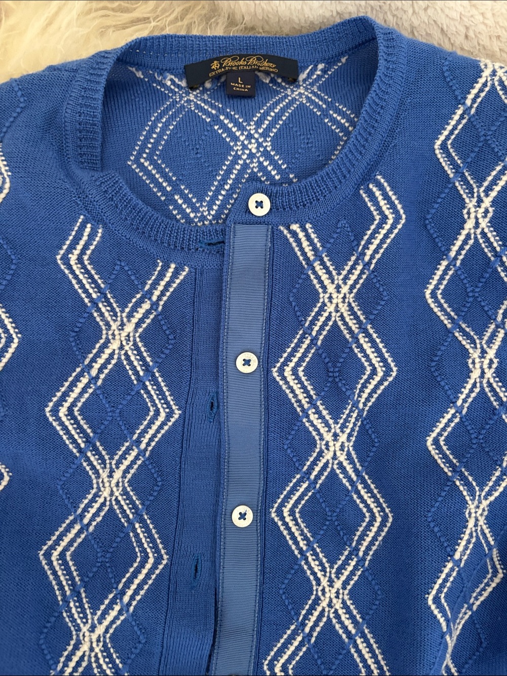 Brooks Brothers Royal Blue Diamond-Pattern Crewneck Cardigan L